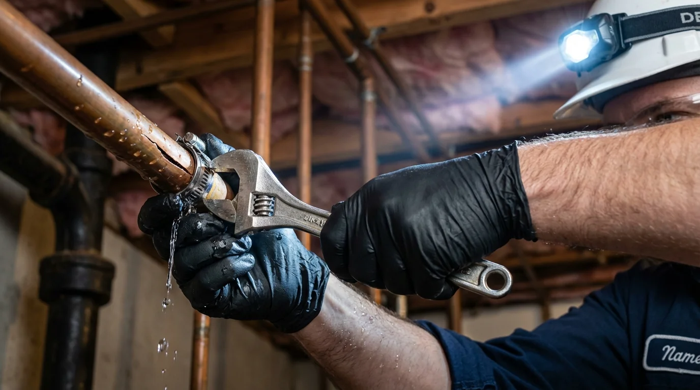 Emergency pipe clamp repair being performed by a Johns Plumbing LLC plumber in Clifton