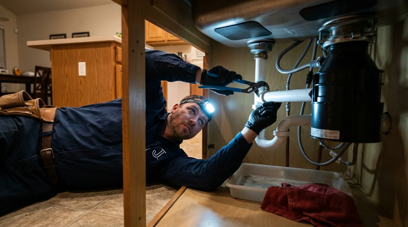 P-trap and supply line connections under a kitchen sink showing a common leak point in Clifton, TN